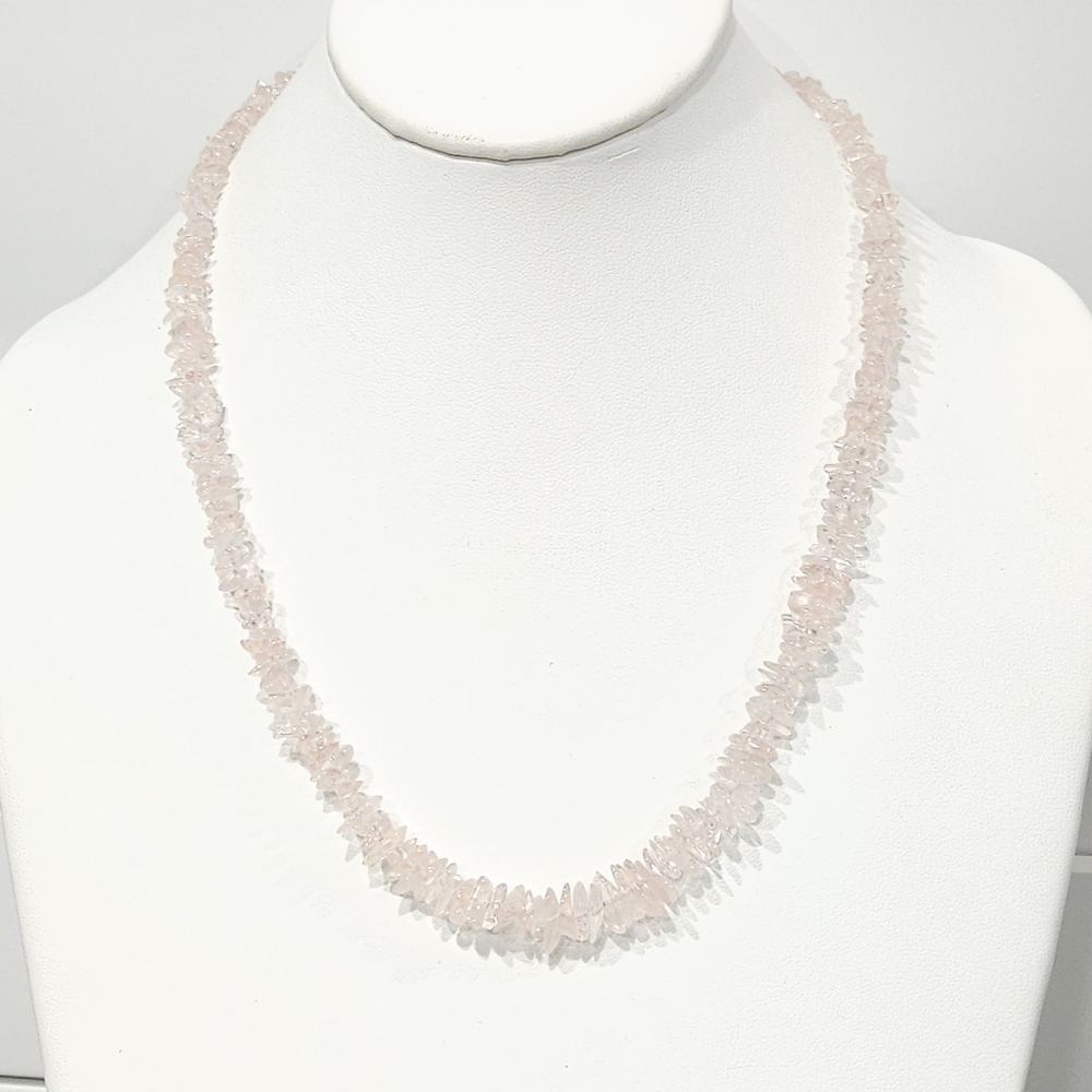 Vintage Rose Quartz Stone Necklace Baby Pink Semiprecious Stone Chips 21-inch